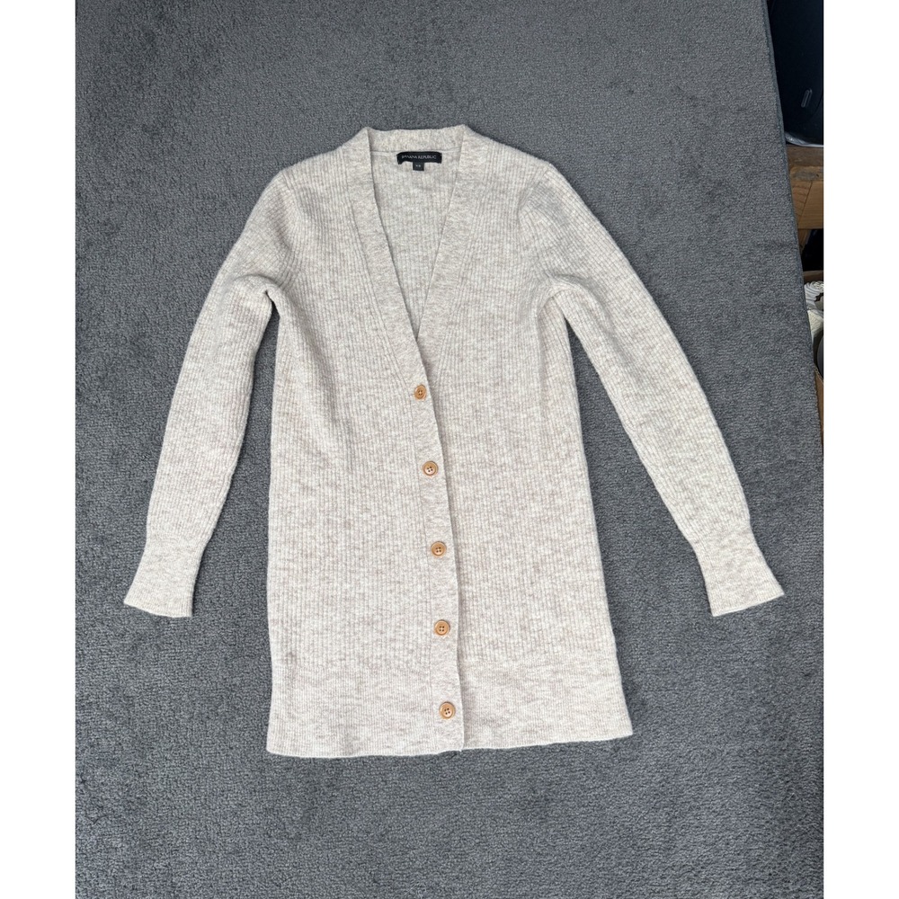 Banana Republic Merino Wool Ribbed Longline Cardigan Sweater Oatmeal XS